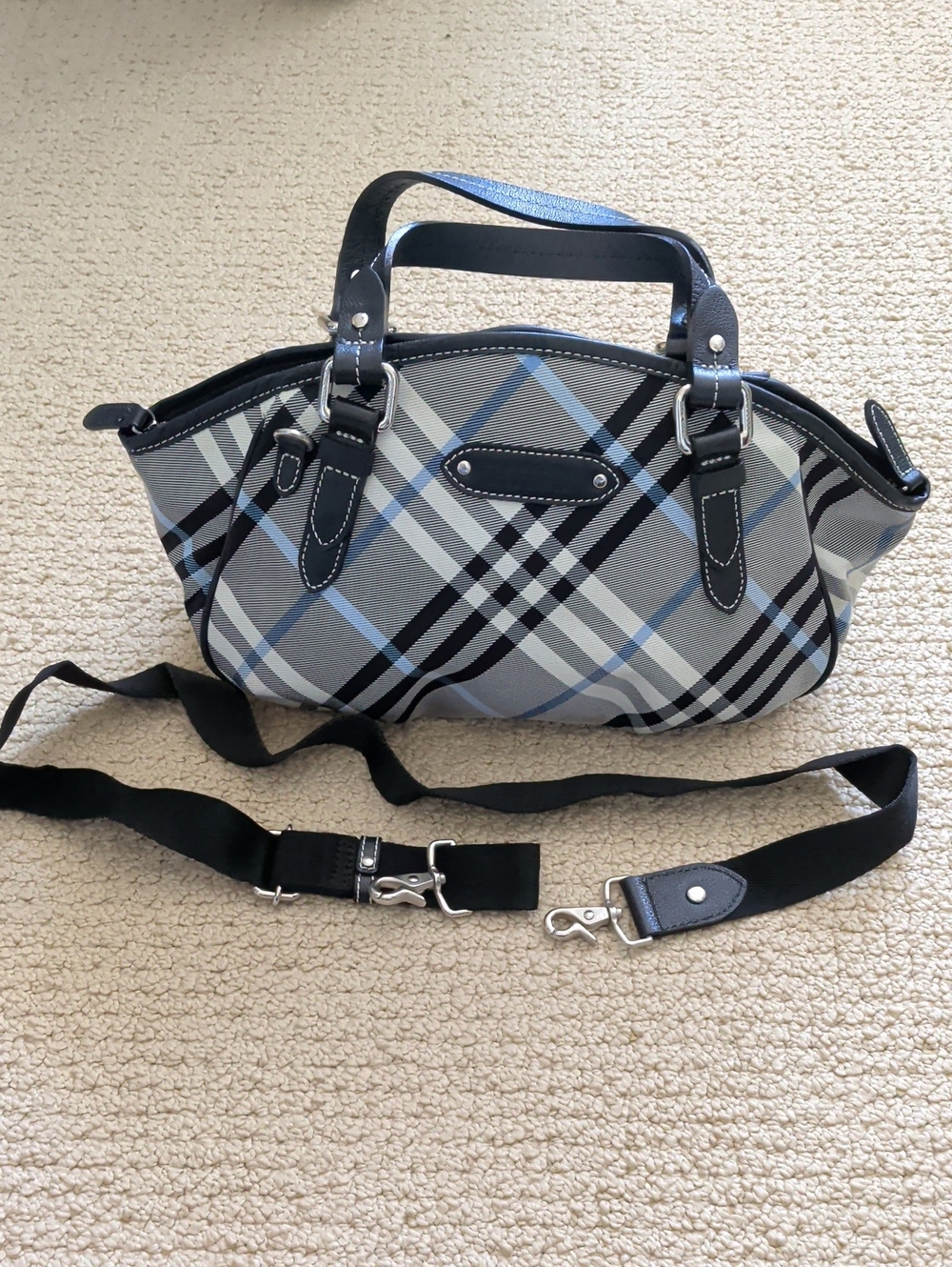 Burberry Blue Label Checked Gray and Blue Top Handle Bag With Shoulder Strap